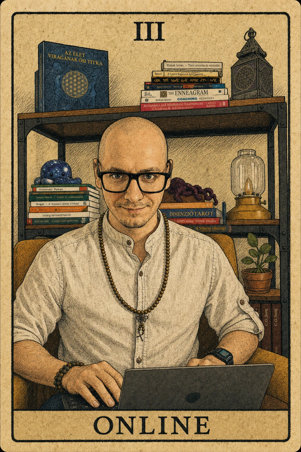 Tarot stílusú illusztráció az online konzultációról.